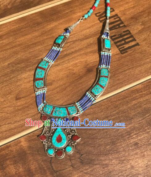 Chinese Zang Nationality Woman Gems Necklace Handmade Tibetan Ethnic Necklet Jewelry Traditional Nepal Kallaite Accessories