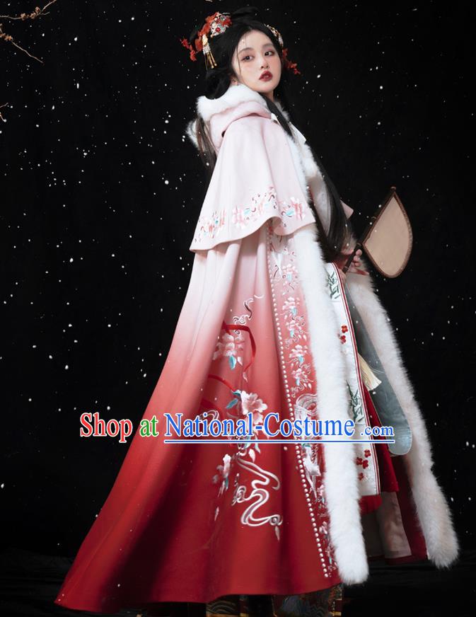 China Ancient Royal Princess Red Embroidered Cape Ming Dynasty Noble Lady Costumes Traditional Woman Hanfu Cloak