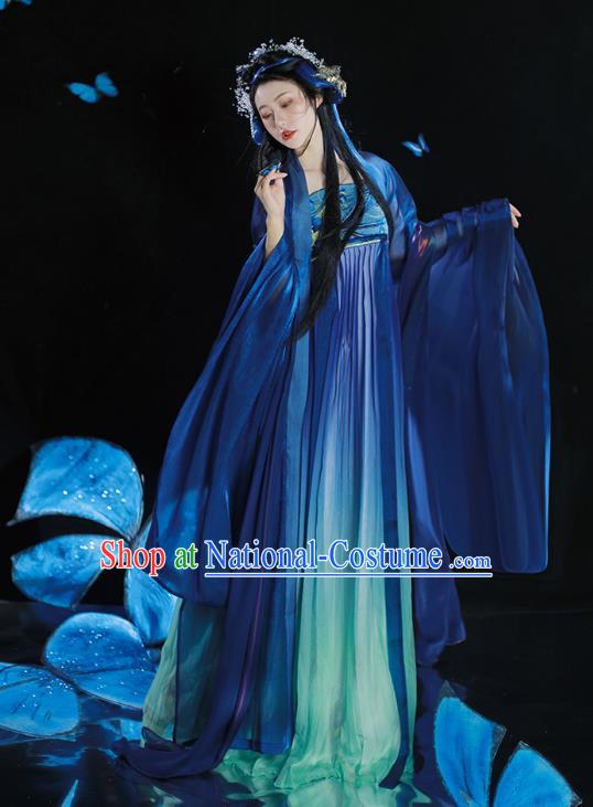 Traditional Woman Blue Hanfu China Ancient Princess Hezi Dress Tang Dynasty Young Lady Costumes