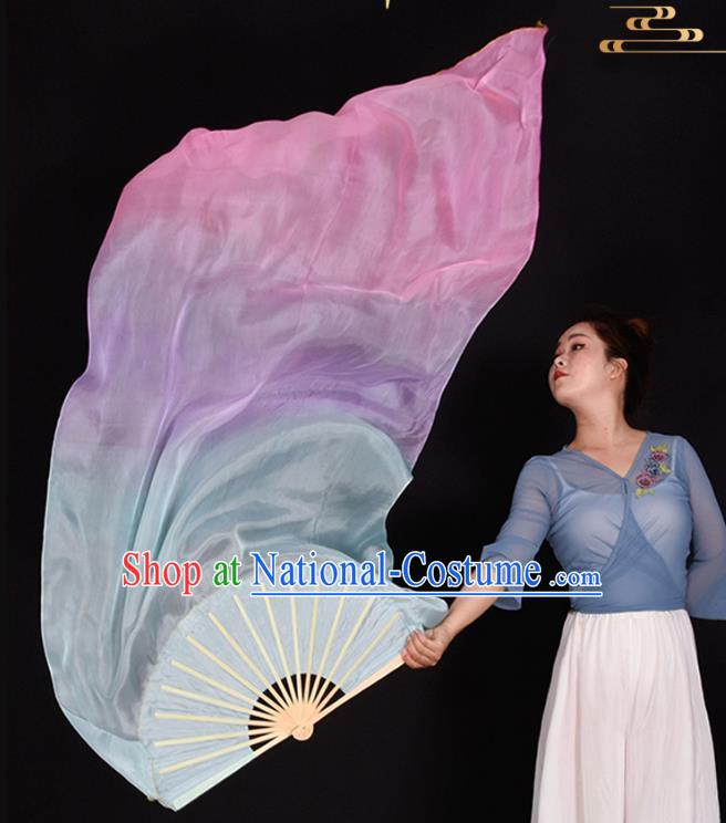 China Classical Dance Pure Silk Fan Handmade Gradient Blue Lilac Pink Dancing Fan Dance Contest Long Ribbon Fan