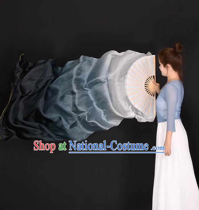 China Dance Contest Long Ribbon Fan Classical Dance Folding Fan Handmade Gradient White to Black Pure Silk Fan