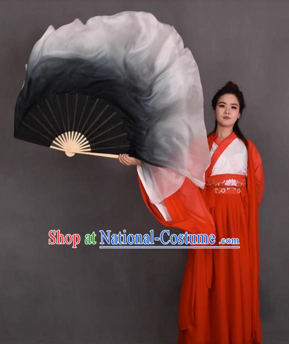 China Dance Competition Long Ribbon Fan Classical Dance Folding Fan Handmade Gradient Black to White Pure Silk Fan