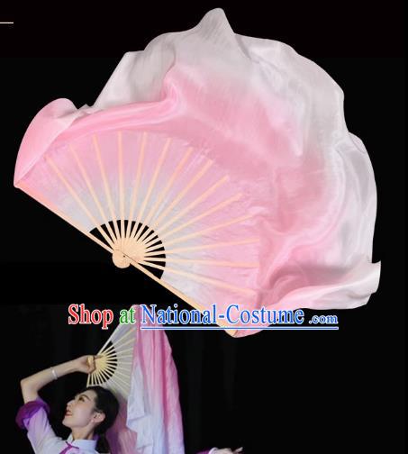 Handmade Gradient Pink to White Pure Silk Fan China Dance Competition Long Ribbon Fan Classical Dance Folding Fan