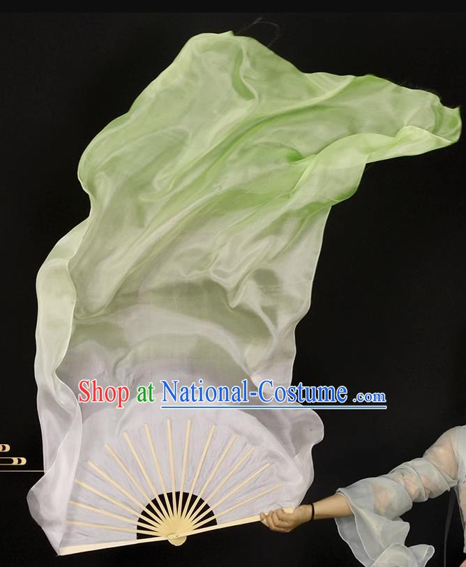 China Classical Dance Folding Fan Handmade Light Green Pure Silk Fan Dance Competition Long Ribbon Fan