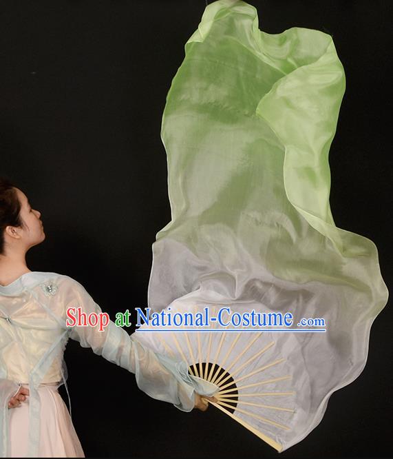 China Classical Dance Folding Fan Handmade Light Green Pure Silk Fan Dance Competition Long Ribbon Fan