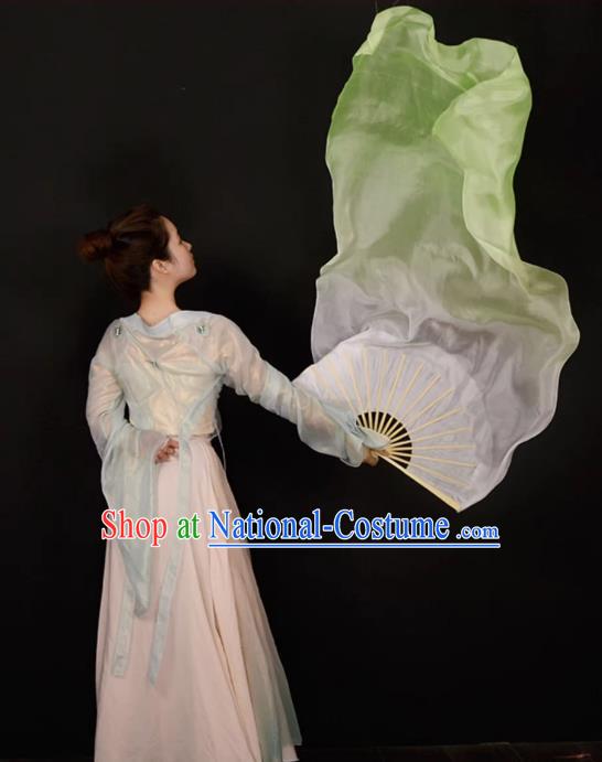 China Classical Dance Folding Fan Handmade Light Green Pure Silk Fan Dance Competition Long Ribbon Fan