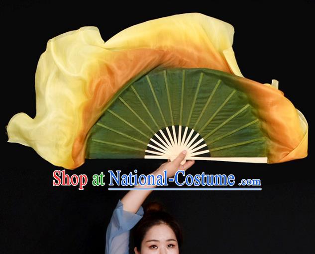 Handmade Gradient Olive Green to Yellow Pure Silk Fan China Yangko Dance Competition Ribbon Fan Classical Dance Folding Fan