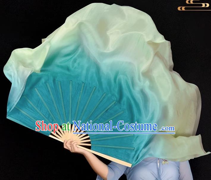 China Classical Dance Folding Fan Handmade Mint Green Pure Silk Fan Yangko Dance Competition Ribbon Fan