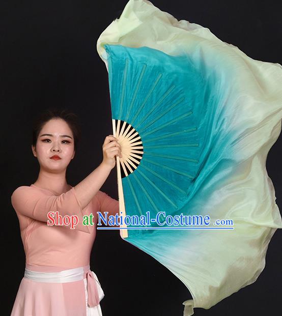 China Classical Dance Folding Fan Handmade Mint Green Pure Silk Fan Yangko Dance Competition Ribbon Fan