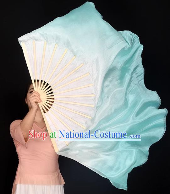 China Women Group Dance Folding Fan Handmade Gradient Blue Pure Silk Fan Jiaozhou Yangko Dance Ribbon Fan