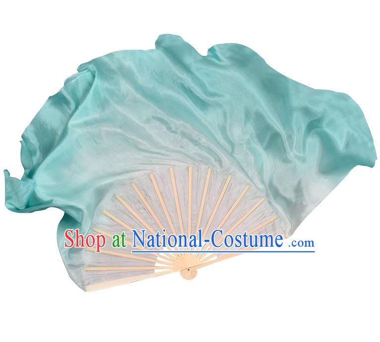 China Women Group Dance Folding Fan Handmade Gradient Blue Pure Silk Fan Jiaozhou Yangko Dance Ribbon Fan