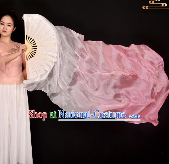 China Jiaozhou Yangko Dance Long Ribbon Fan Women Group Dance Folding Fan Handmade Gradient Pink Pure Silk Fan