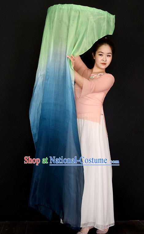 China Handmade Gradient Green to Blue Pure Silk Fan Jiaozhou Yangko Dance Folding Fan Women Group Dancing Long Ribbon Fan