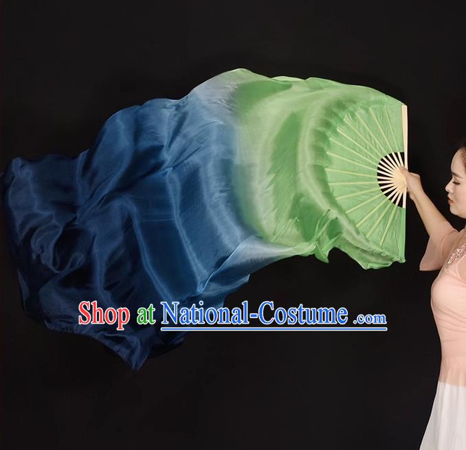 China Handmade Gradient Green to Blue Pure Silk Fan Jiaozhou Yangko Dance Folding Fan Women Group Dancing Long Ribbon Fan