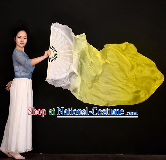 China Women Group Dancing Long Ribbon Fan Handmade Gradient White to Yellow Pure Silk Fan Jiaozhou Yangko Dance Folding Fan