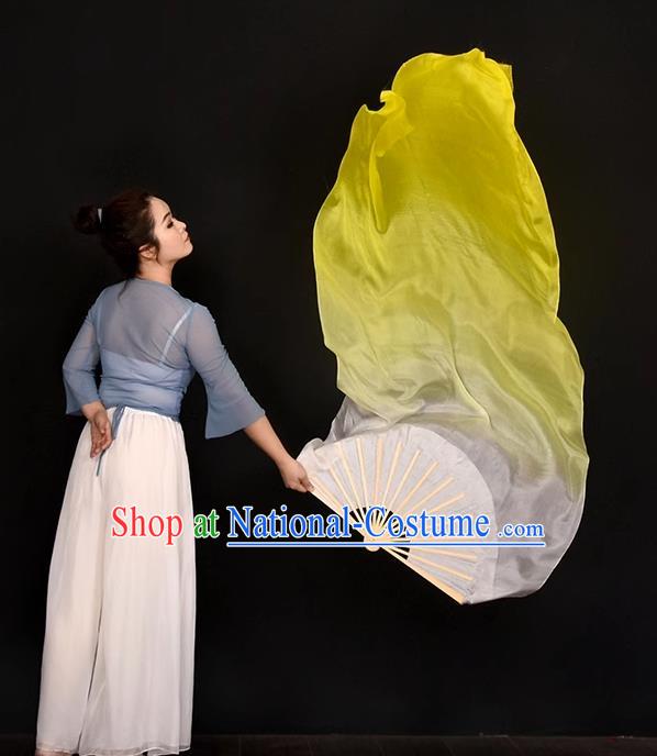 China Women Group Dancing Long Ribbon Fan Handmade Gradient White to Yellow Pure Silk Fan Jiaozhou Yangko Dance Folding Fan