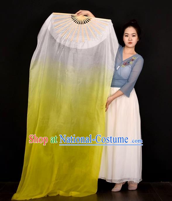 China Women Group Dancing Long Ribbon Fan Handmade Gradient White to Yellow Pure Silk Fan Jiaozhou Yangko Dance Folding Fan