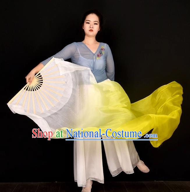 China Women Group Dancing Long Ribbon Fan Handmade Gradient White to Yellow Pure Silk Fan Jiaozhou Yangko Dance Folding Fan