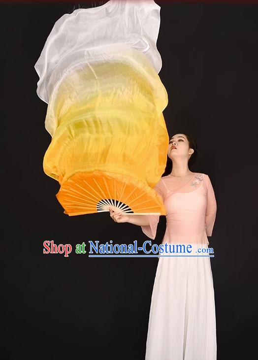 China Umbrella Dance Folding Fan Women Group Dancing Long Ribbon Fan Handmade Gradient Orange to White Pure Silk Fan