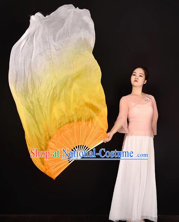 China Umbrella Dance Folding Fan Women Group Dancing Long Ribbon Fan Handmade Gradient Orange to White Pure Silk Fan