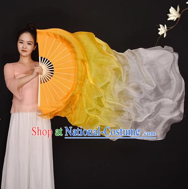 China Umbrella Dance Folding Fan Women Group Dancing Long Ribbon Fan Handmade Gradient Orange to White Pure Silk Fan