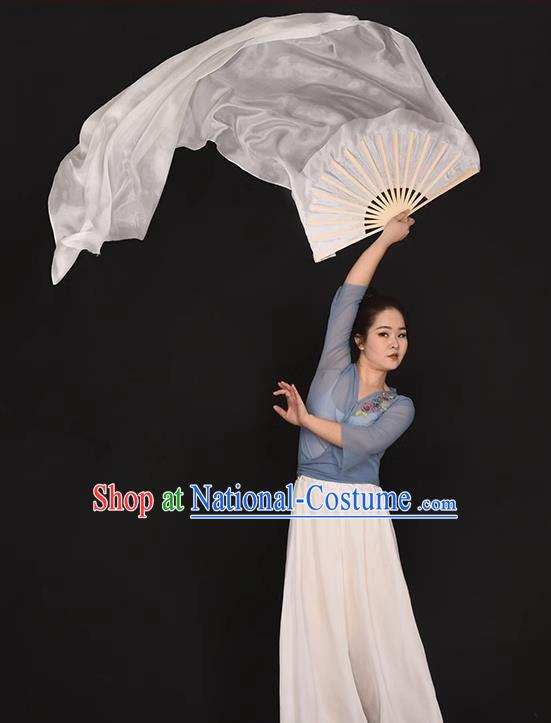 China Handmade White Pure Silk Fan Umbrella Dance Folding Fan Women Group Dancing Long Ribbon Fan