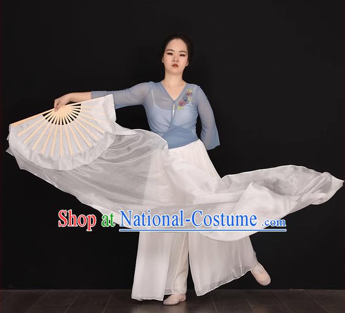 China Handmade White Pure Silk Fan Umbrella Dance Folding Fan Women Group Dancing Long Ribbon Fan