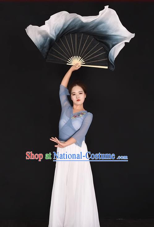 Women Group Dance Fan China Handmade Pure Silk Fan Yangko Dance Black Fan Classical Dance Ribbon Fan