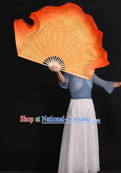 Classical Dance Ribbon Fan Women Group Dance Fan China Handmade Pure Silk Fan Yangko Dance Orange Fan