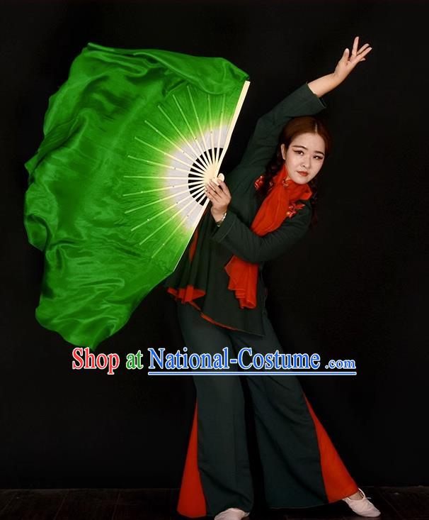 China Handmade Pure Silk Fan Yangko Dance Fan Classical Dance Green Ribbon Fan Women Group Dance Fan