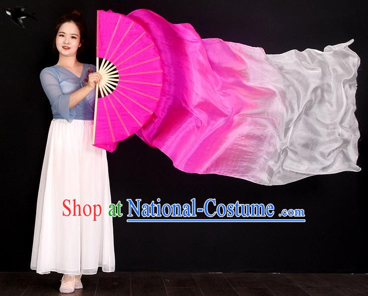 China Women Group Dance Fan Handmade Pure Silk Fan Yangko Dance Fan Classical Dance Gradient Pink Long Ribbon Fan