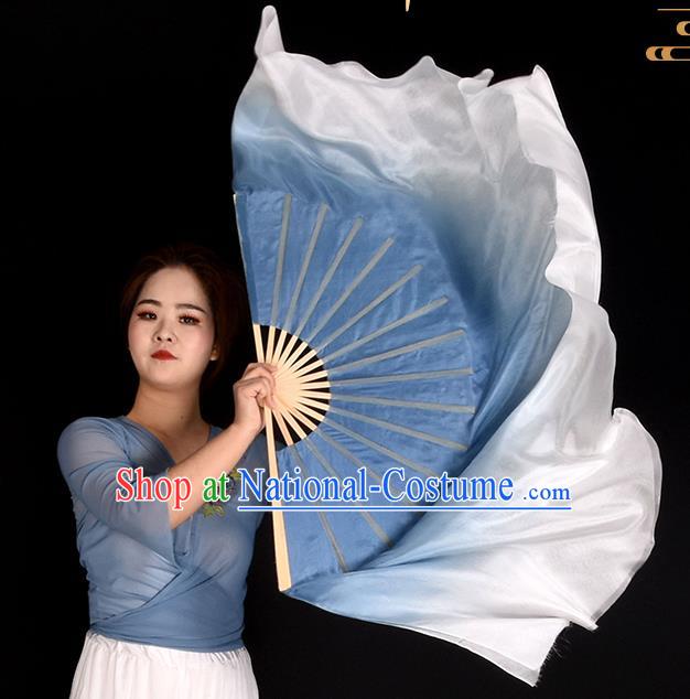 China Classical Dance Gradient Blue to White Ribbon Fan Women Group Dance Fan Handmade Pure Silk Fan Yangko Dance Fan