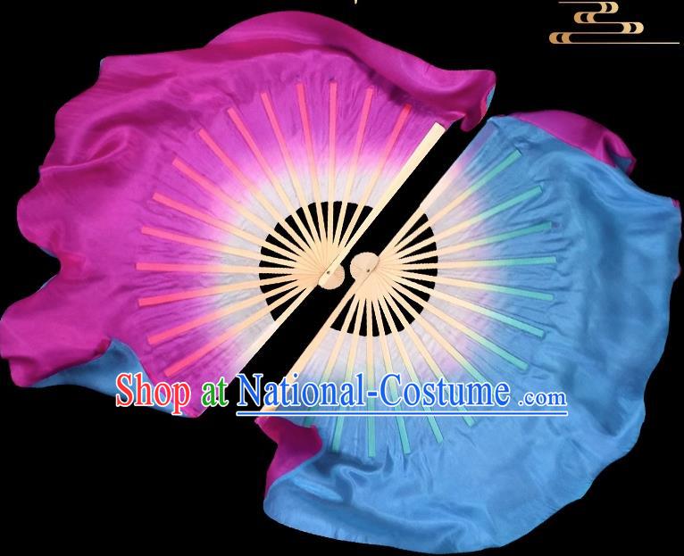 China Women Group Dance Ribbon Fan Handmade Double Sides Fan Yangko Dance Fan Folk Dance Pure Silk Fan