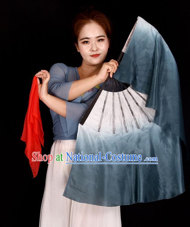 China Folk Dance Grey Silk Fan Women Group Dance Ribbon Fan Handmade Fan Yangko Dance Fan