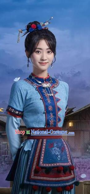 China Ethnic Young Lady Blue Outfit Wuxia TV Series Fei Hu Wai Zhuan Heroine Cheng Lingsu Clothing Ancient Heroic Woman Costumes