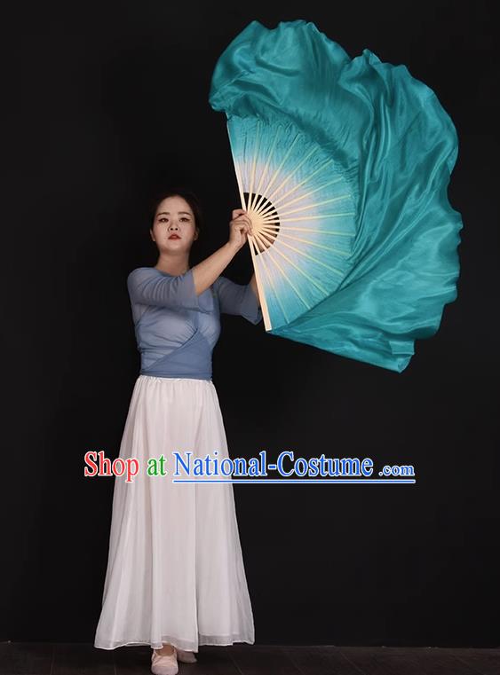 China Handmade Mint Green Ribbon Fan Classical Dance Fan Jiaozhou Yangko Dance Silk Fan