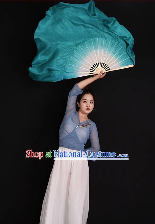 China Handmade Mint Green Ribbon Fan Classical Dance Fan Jiaozhou Yangko Dance Silk Fan