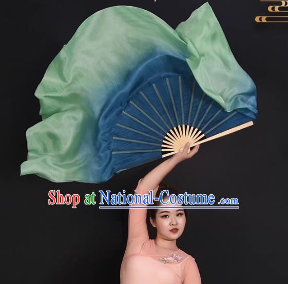 China Classical Dance Fan Jiaozhou Yangko Dance Silk Fan Handmade Blue to Green Ribbon Fan