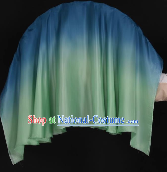 China Classical Dance Fan Jiaozhou Yangko Dance Silk Fan Handmade Blue to Green Ribbon Fan