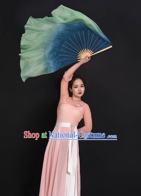 China Classical Dance Fan Jiaozhou Yangko Dance Silk Fan Handmade Blue to Green Ribbon Fan