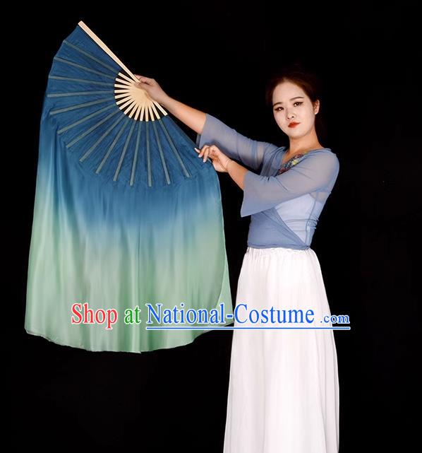 China Classical Dance Fan Jiaozhou Yangko Dance Silk Fan Handmade Blue to Green Ribbon Fan