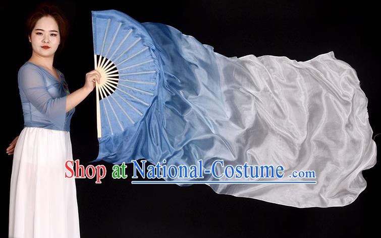 China Classical Dance Long Ribbon Fan Children Dance Silk Fan Handmade Gradient Blue to White Fan