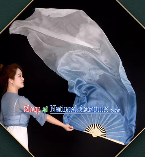 China Classical Dance Long Ribbon Fan Children Dance Silk Fan Handmade Gradient Blue to White Fan