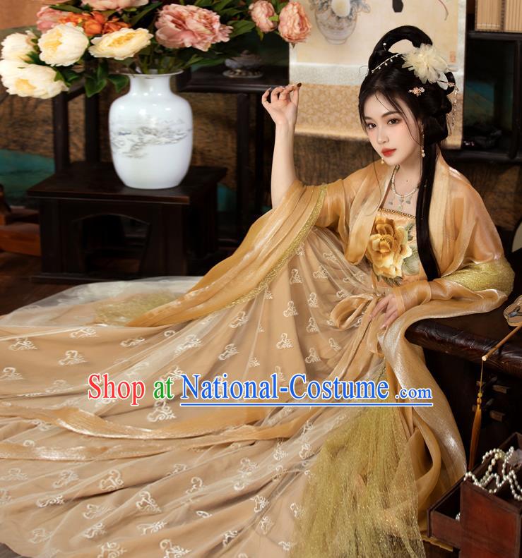 China Ancient Magnificent Concubine Yang Costumes Traditional Golden Hanfu Tang Dynasty Empress Embroidered Clothing