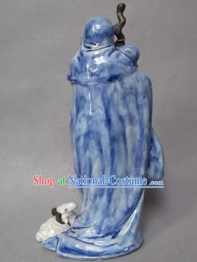 Chinese Handmade Historic Figure Statue Shi Wan Ceramics Blue Su Wu Feeding Sheep