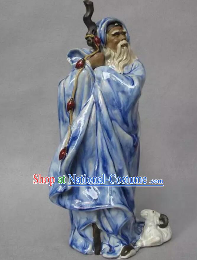 Chinese Handmade Historic Figure Statue Shi Wan Ceramics Blue Su Wu Feeding Sheep