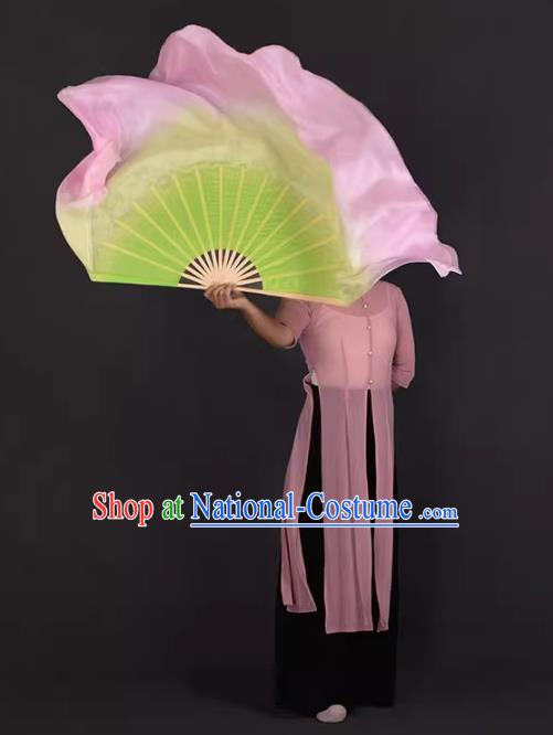 China Classical Dance Pink Ribbon Fan Jiaozhou Yangko Dance Silk Fan Handmade Double Side Fan