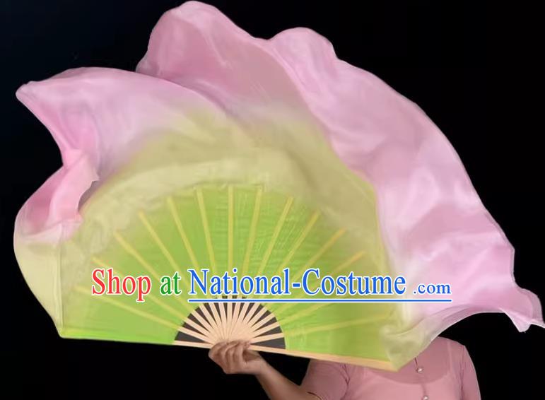 China Classical Dance Pink Ribbon Fan Jiaozhou Yangko Dance Silk Fan Handmade Double Side Fan