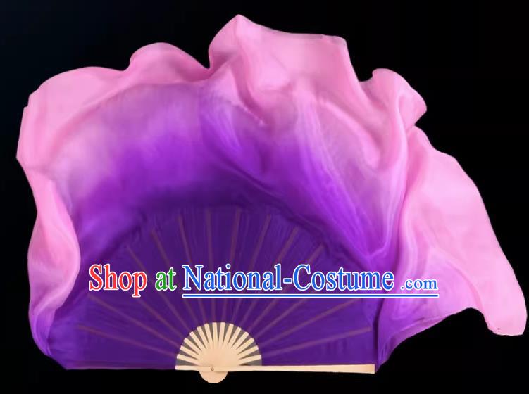 China Jiaozhou Yangko Dance Fan Handmade Gradient Purple to Pink Silk Fan Classical Dance Ribbon Fan