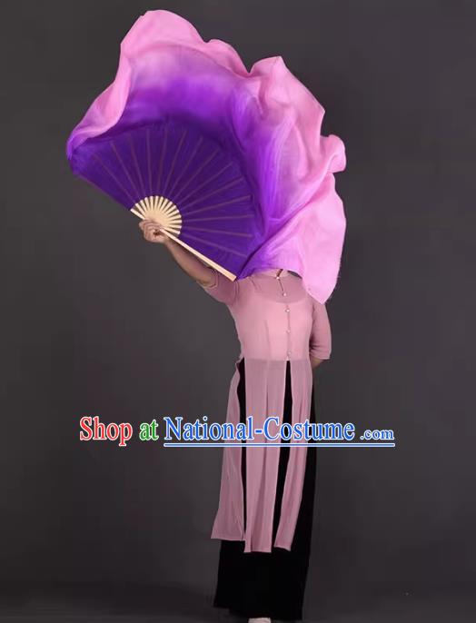 China Jiaozhou Yangko Dance Fan Handmade Gradient Purple to Pink Silk Fan Classical Dance Ribbon Fan